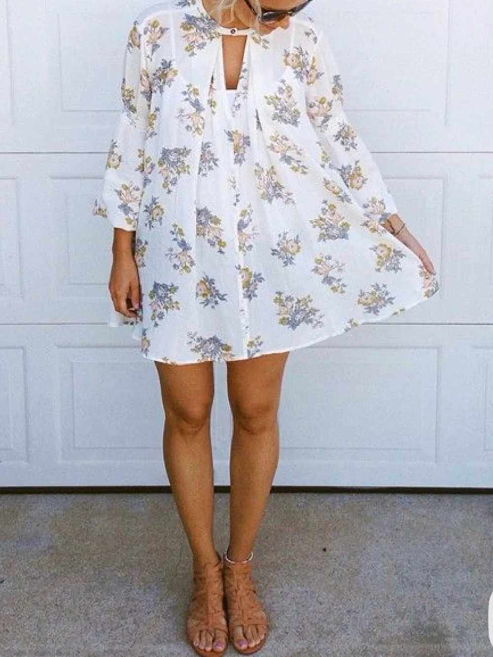 Free People Floral Swing Tunic Dress XS Boho Peasant Mini High Low Keyhole